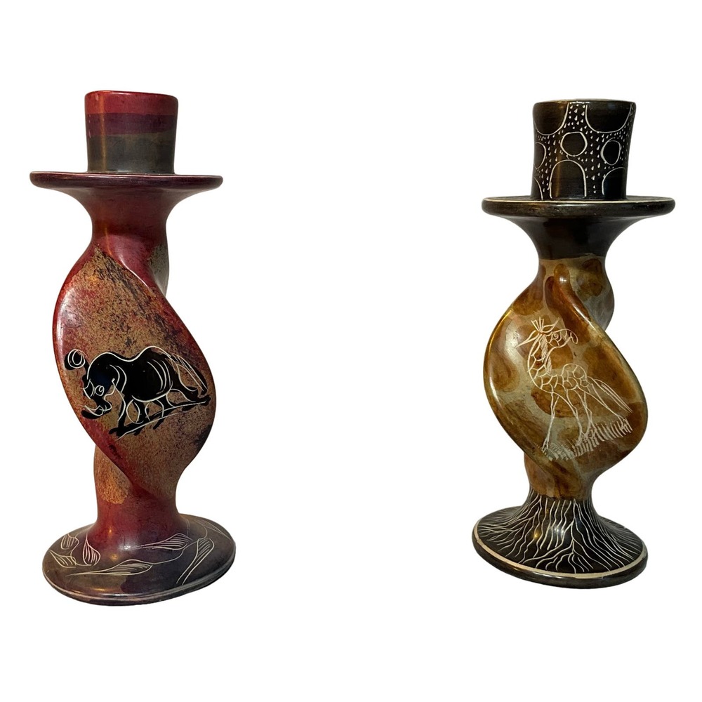 Handmade Vintage Soapstone Twisted Various Patterns Set of 2 Candle holders